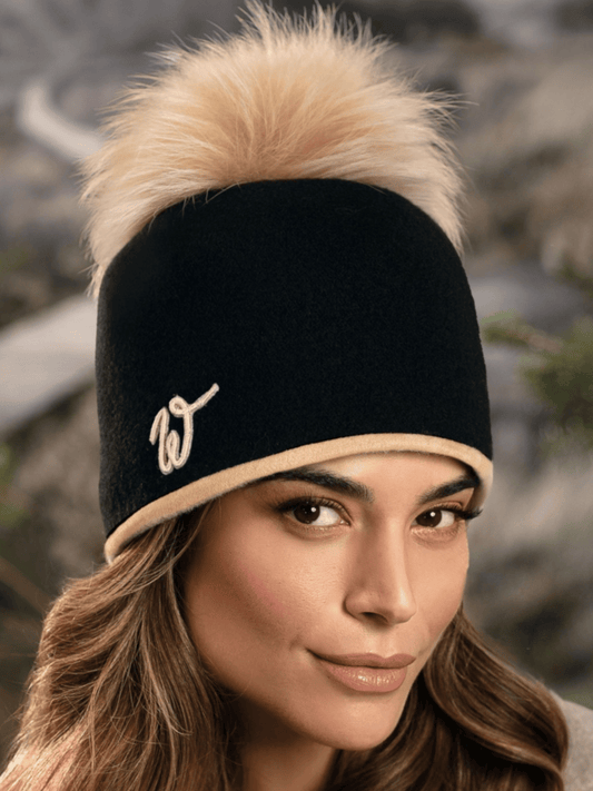 Willi Hat - Olia Black Wool Pom Pom Hat With Camel Trim