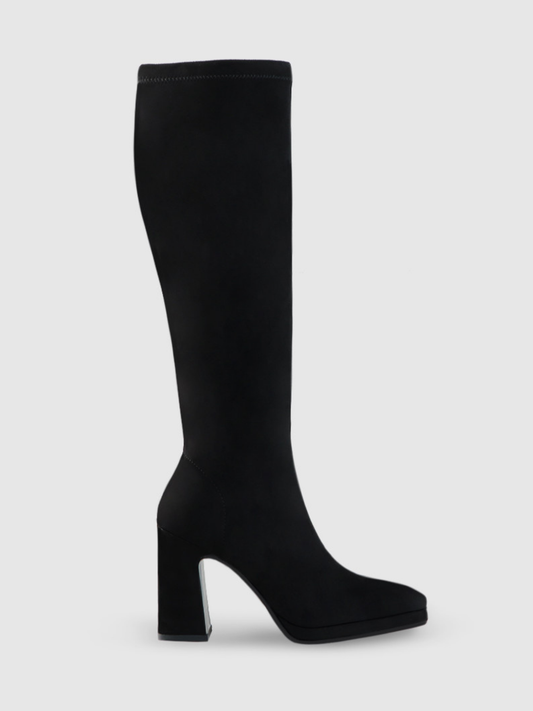Lodi - Black Long Stretch Fabric Boot With Block Heel