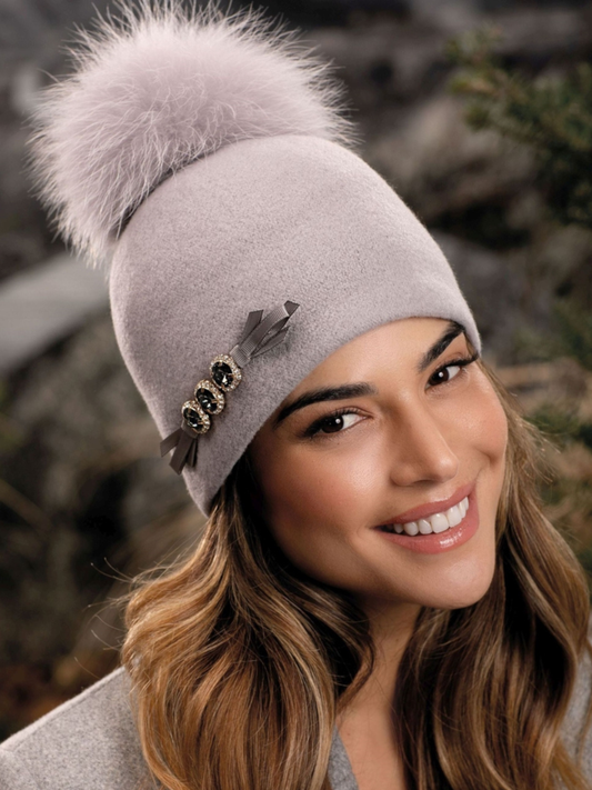 Willi Hat - Bestava Soft Grey Wool Pom Pom Hat With Diamante Trim