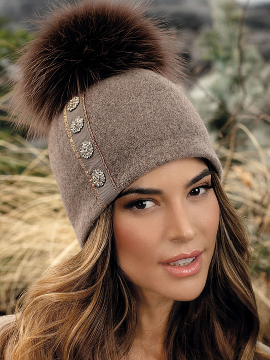 Willi Hat - Elma Soft Brown Wool Pom Pom Hat With Diamante Trim