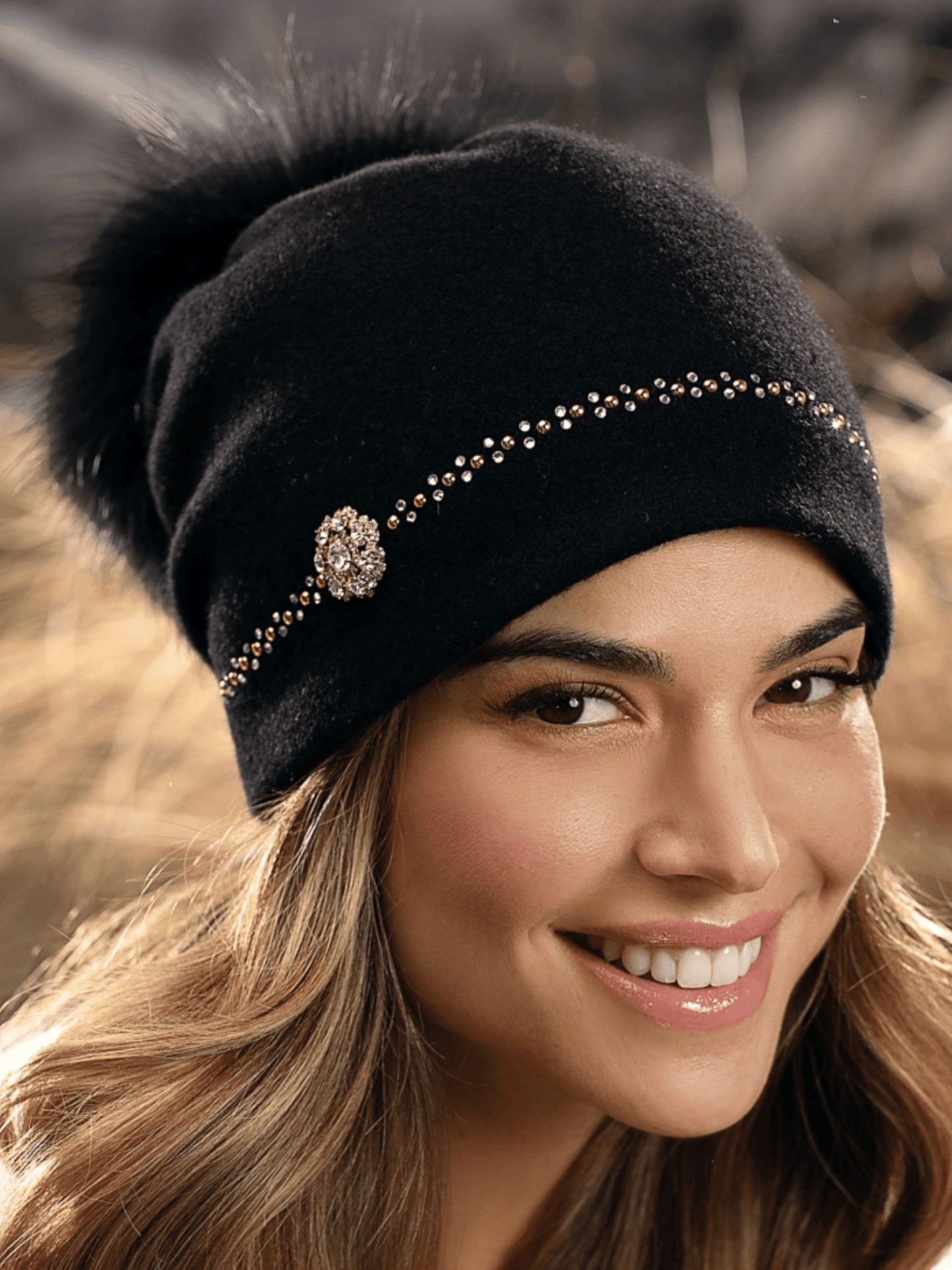 Willi Hat - Pesta Black Wool Pom Pom Hat With Diamante & Stone Trim