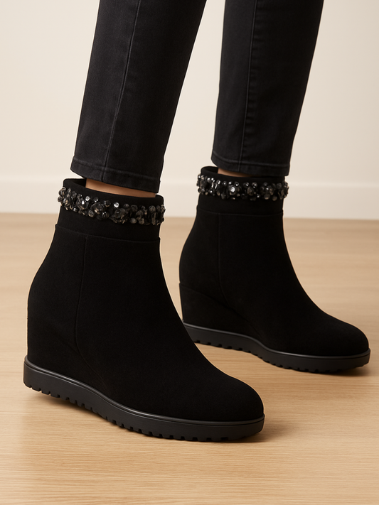 Loretta Vitale - Black Suede Wedge Boot With Jewel Trim