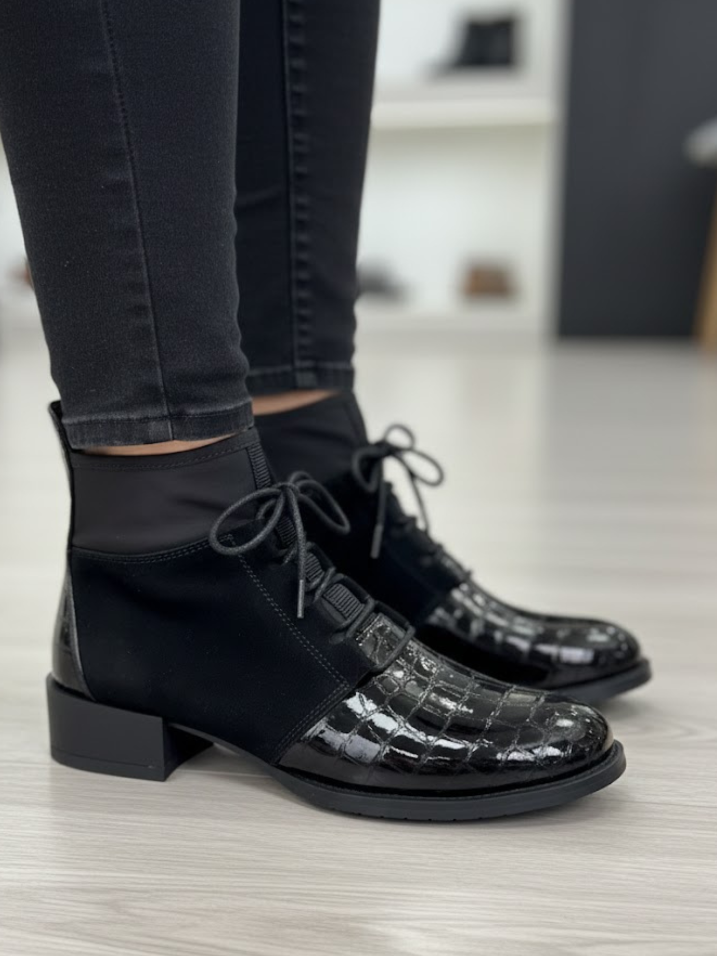 Loretta Vitale - Black Croc Print Patent & Black Fabric Lace Up Boot