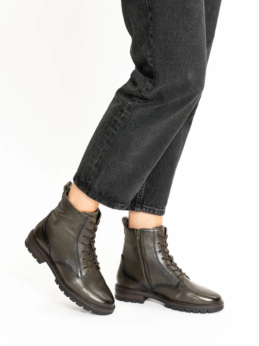 Ara - Dark Green Lace Up Leather Boot with Rugged Sole