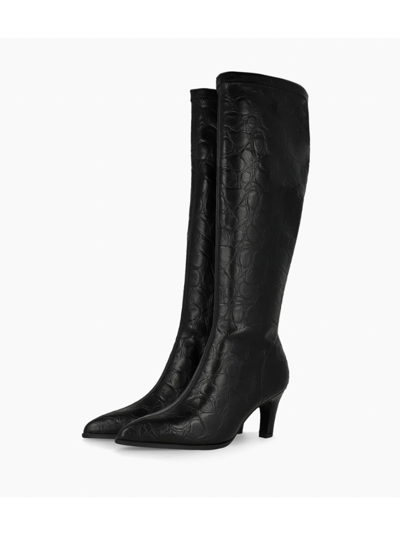 Lodi - Black Leather Matt Croc Long Stretch Boot