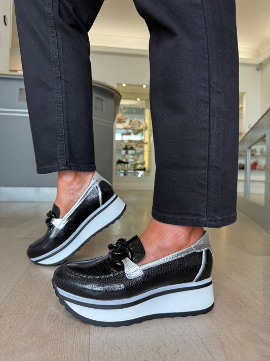 Jose Saenz - Black High Shine Leather Slip On Chunky Sole Shoe