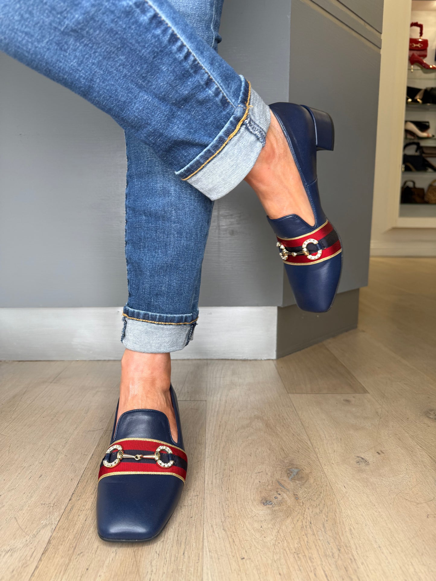 Marian - Navy Nappa Leather Slip On Shoe With Gold Chain
