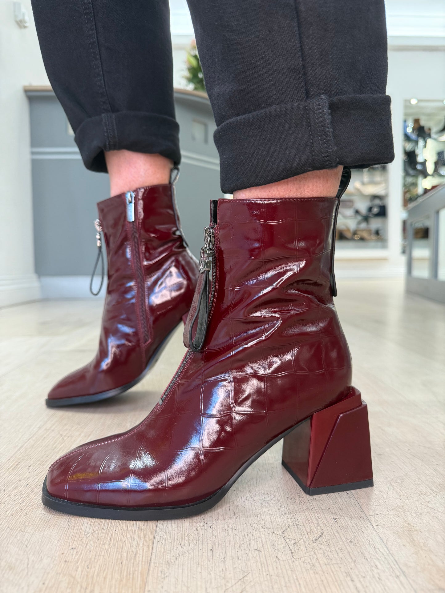 Loretta Vitale -Wine Flexy Croc Patent Square Toe Boot With Square Block Heel