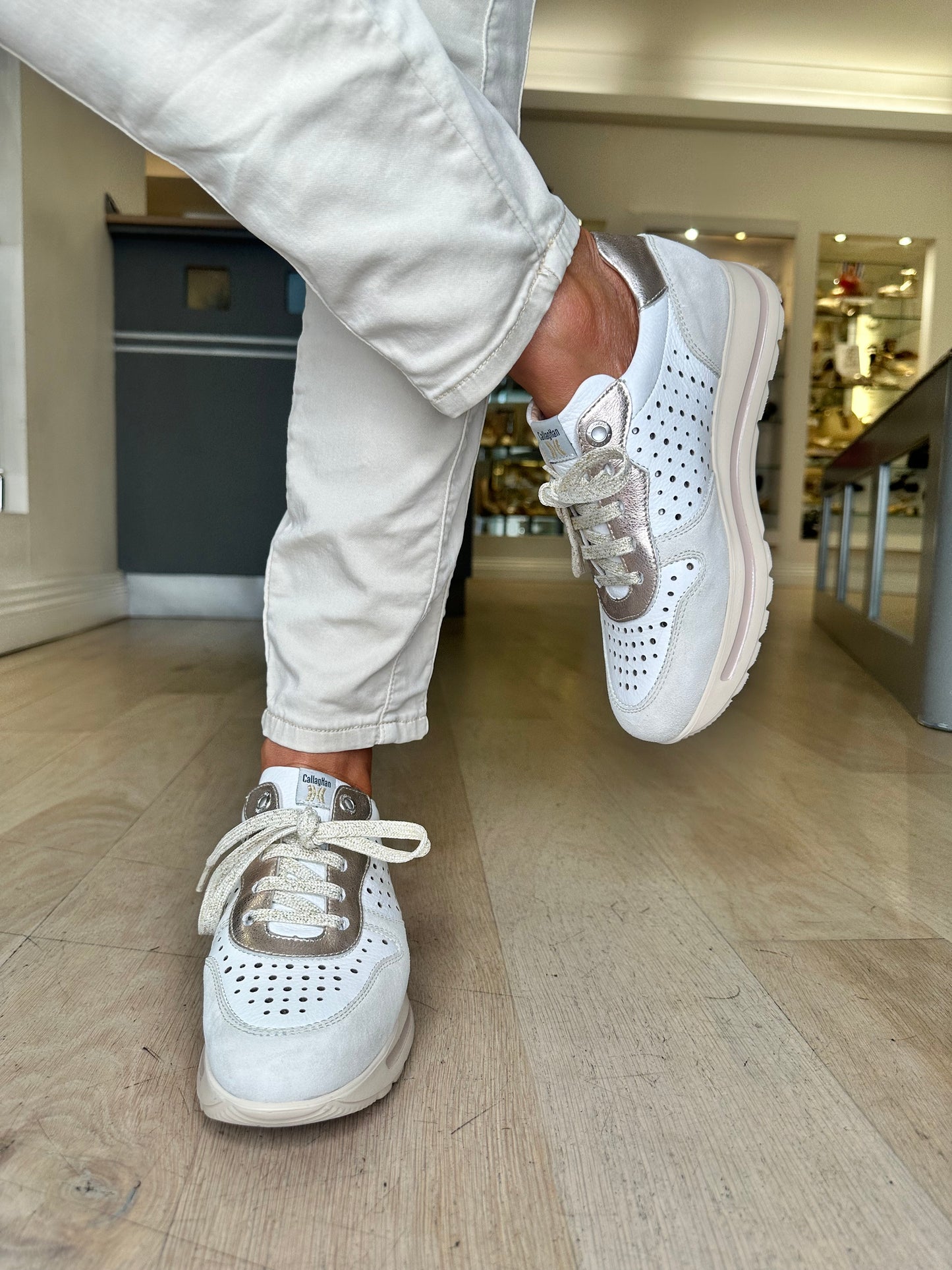 Callaghan - Beige Suede / White Leather Bronze Trim Trainer
