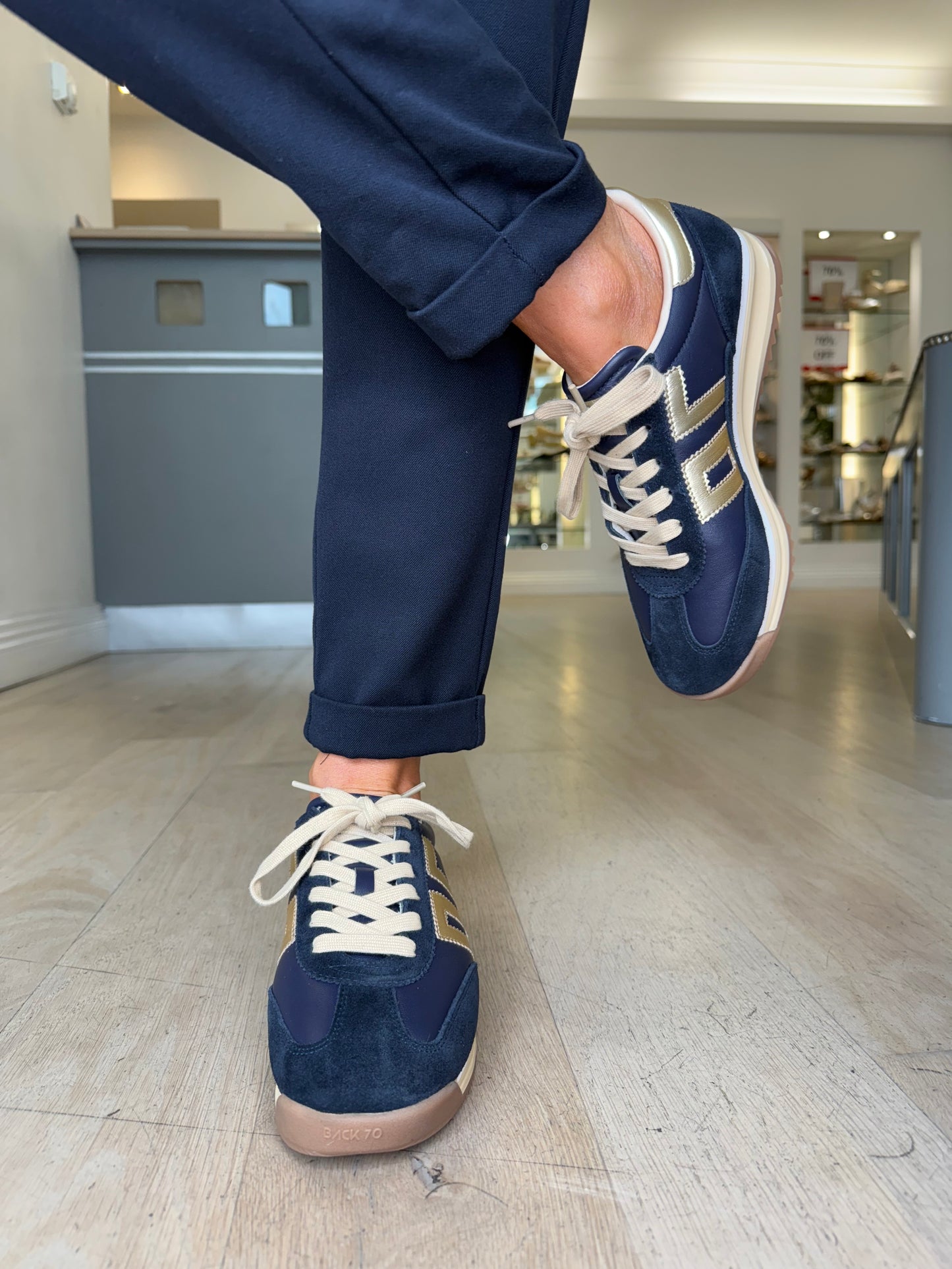 Back 70 - Dark Navy Suede / Leather Trainer with Gold Metallic Trim