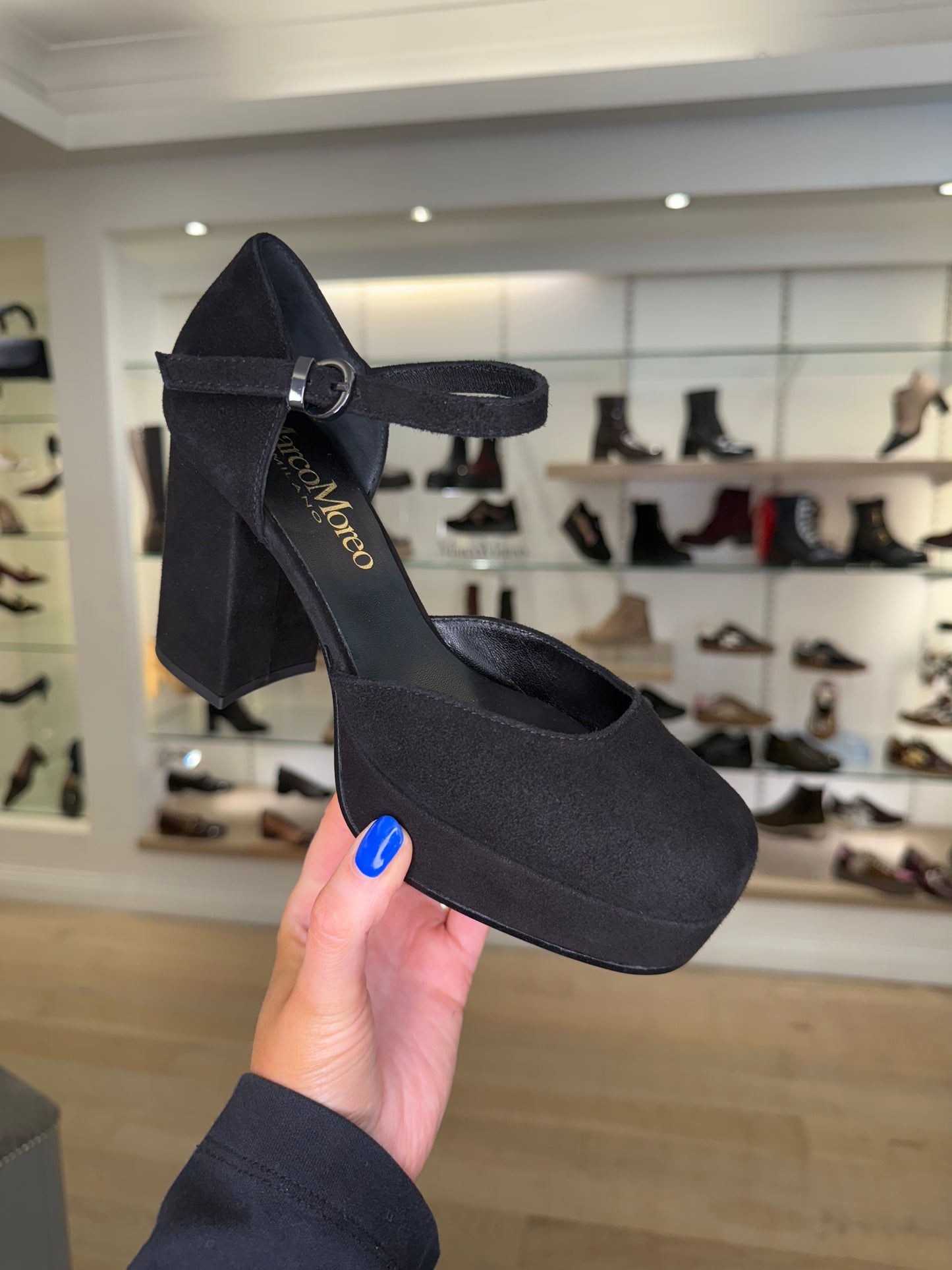 Marco Moreo - Nicole Black Suede Block Heel Mary Jane Shoe