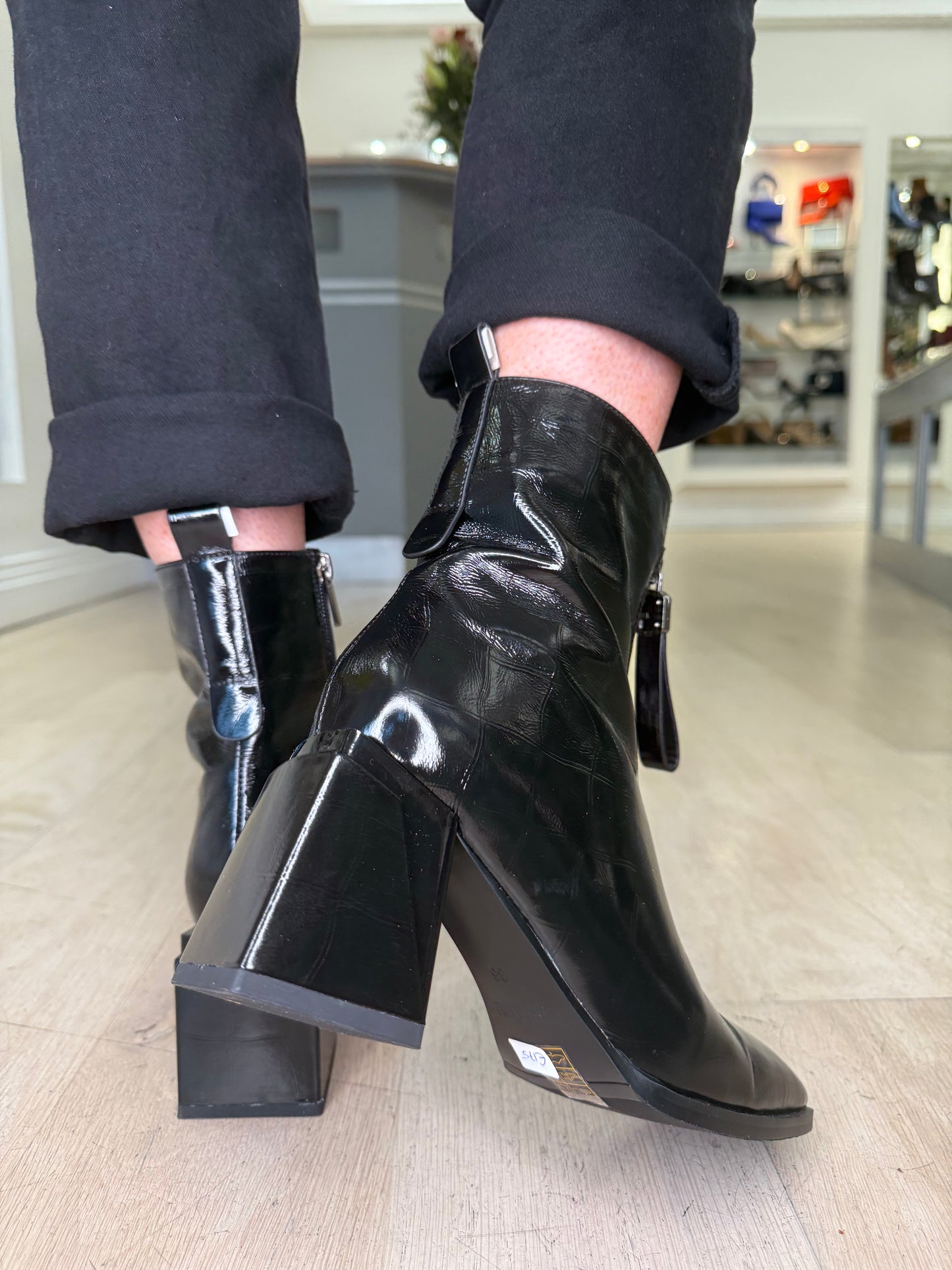 Loretta Vitale -Flexy Black Croc Patent Square Toe Boot With Square Block Heel