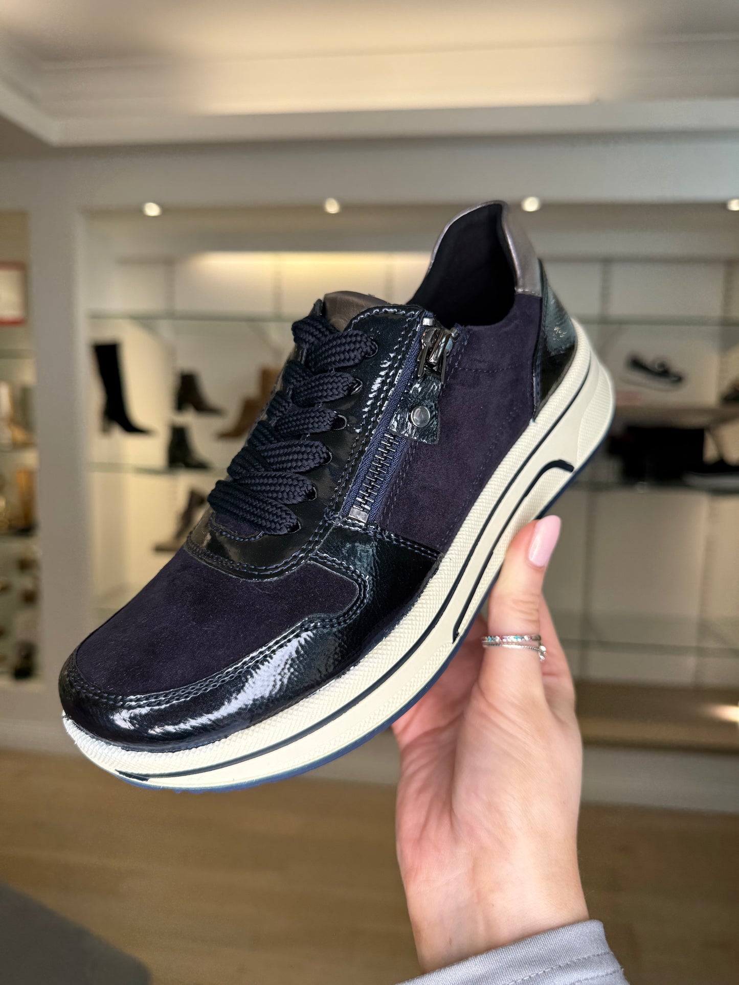 Ara - Dark Navy Suede / Patent Mix Lace Up Trainer With Side Zip