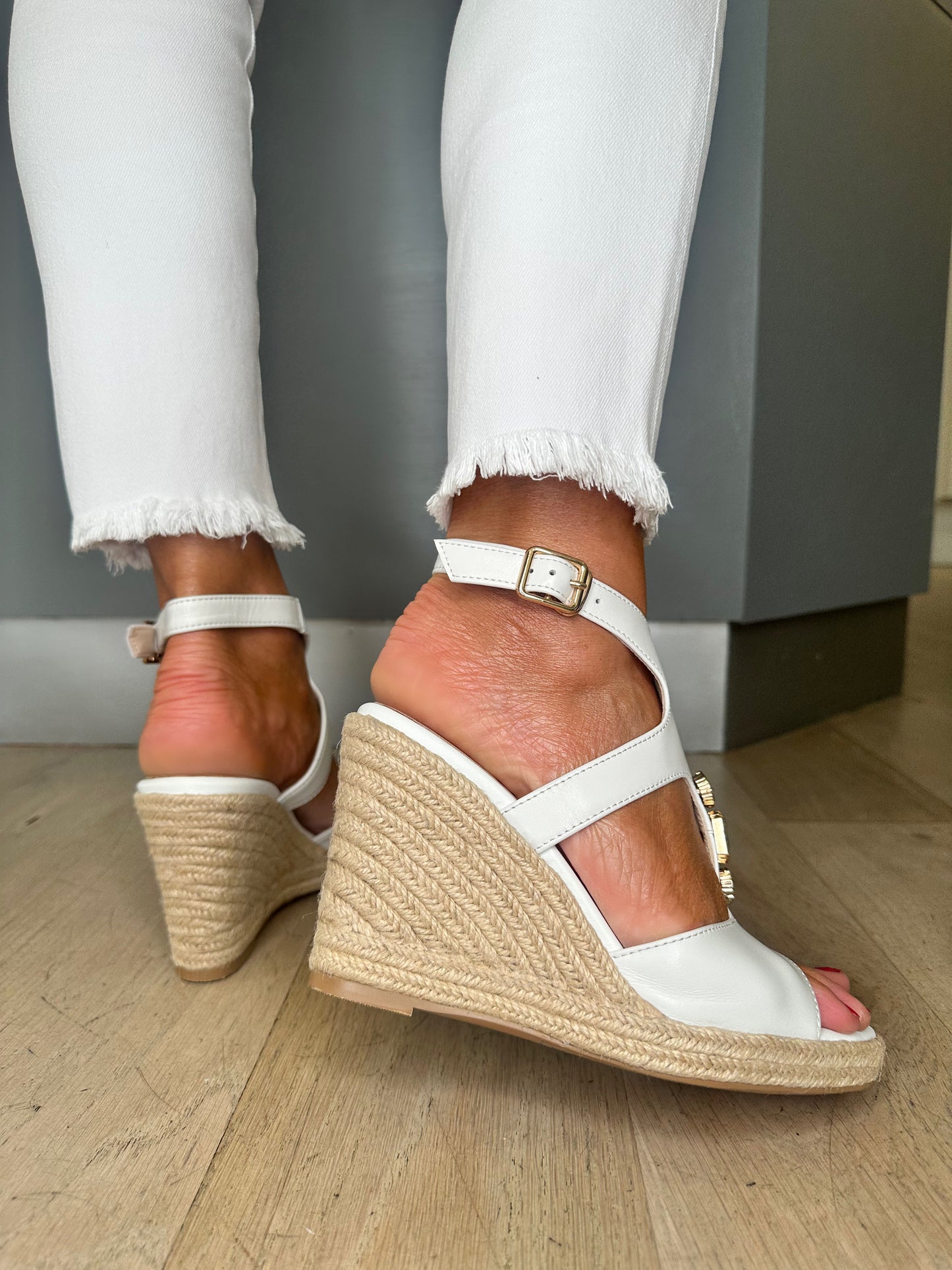 Loretta Vitale -White Leather Espadrille Wedge With Diamante Stone Trim