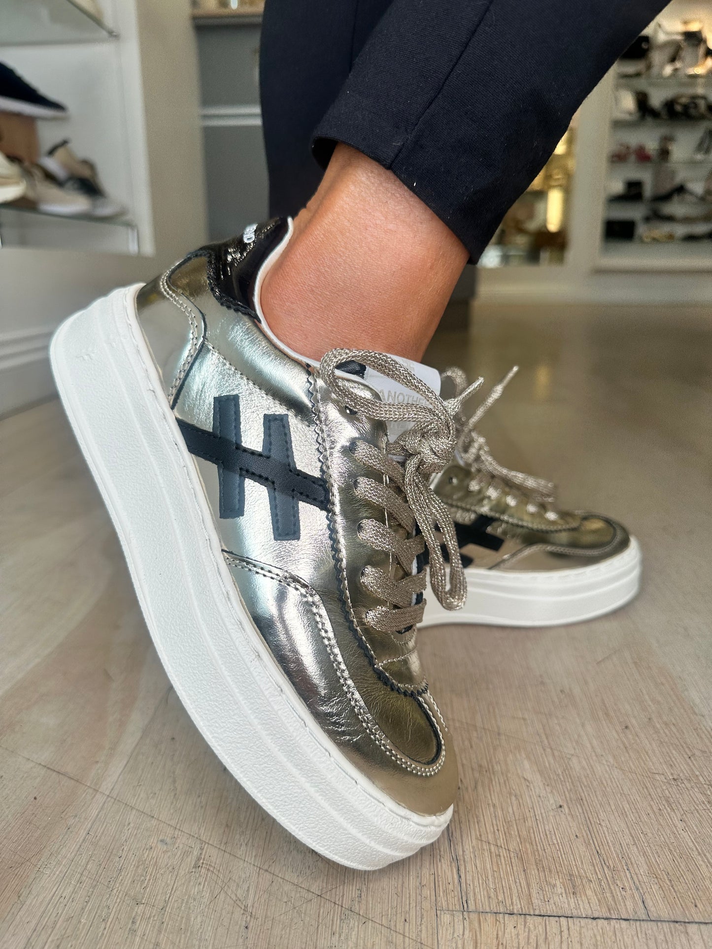 Another Trend -Metallic Gold Leather / Black Trim & White Platform Sole Trainer