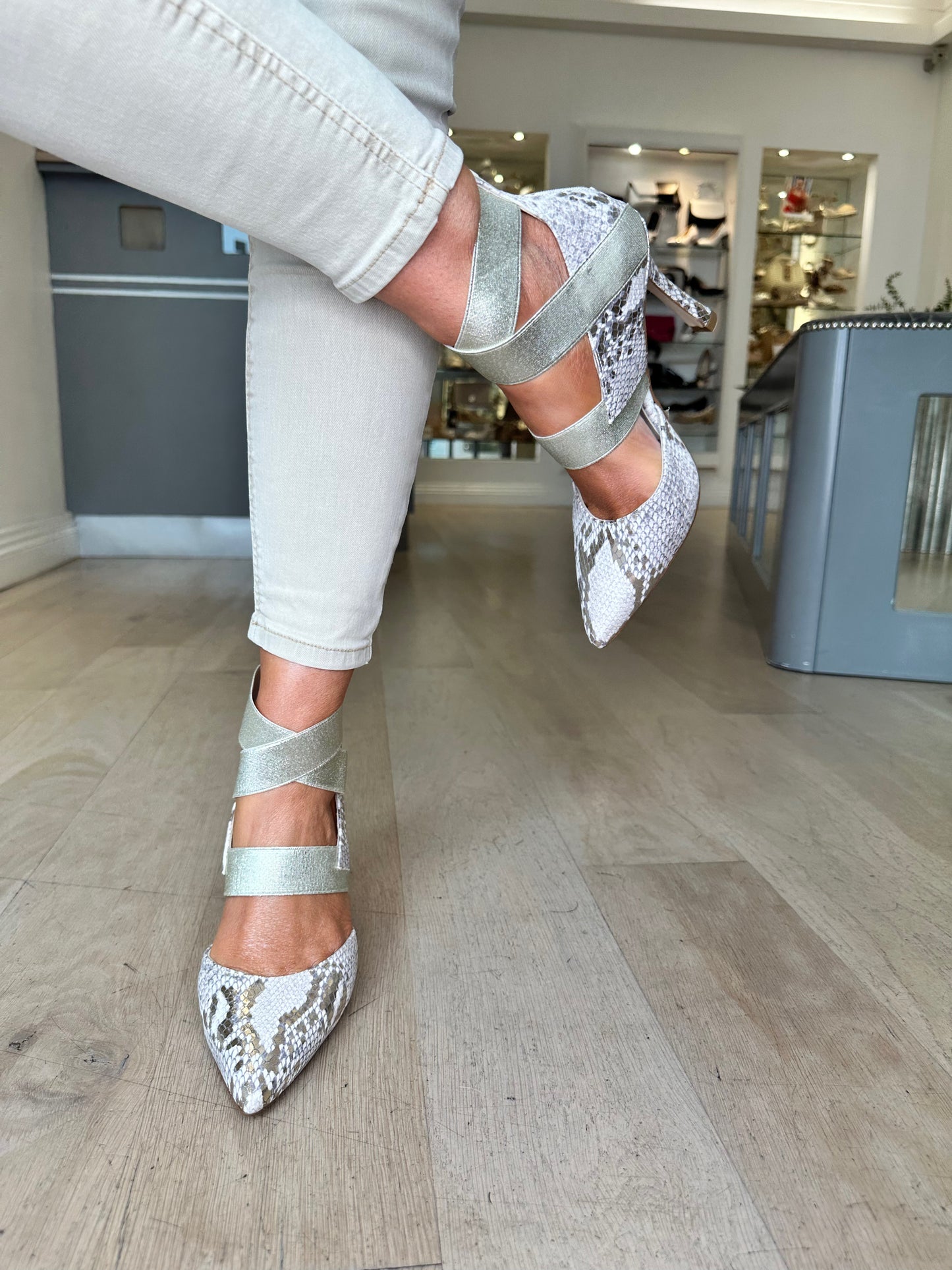 Marian -Cream / Gold Snake Print Pointy Shoe Strappy Court Shoe