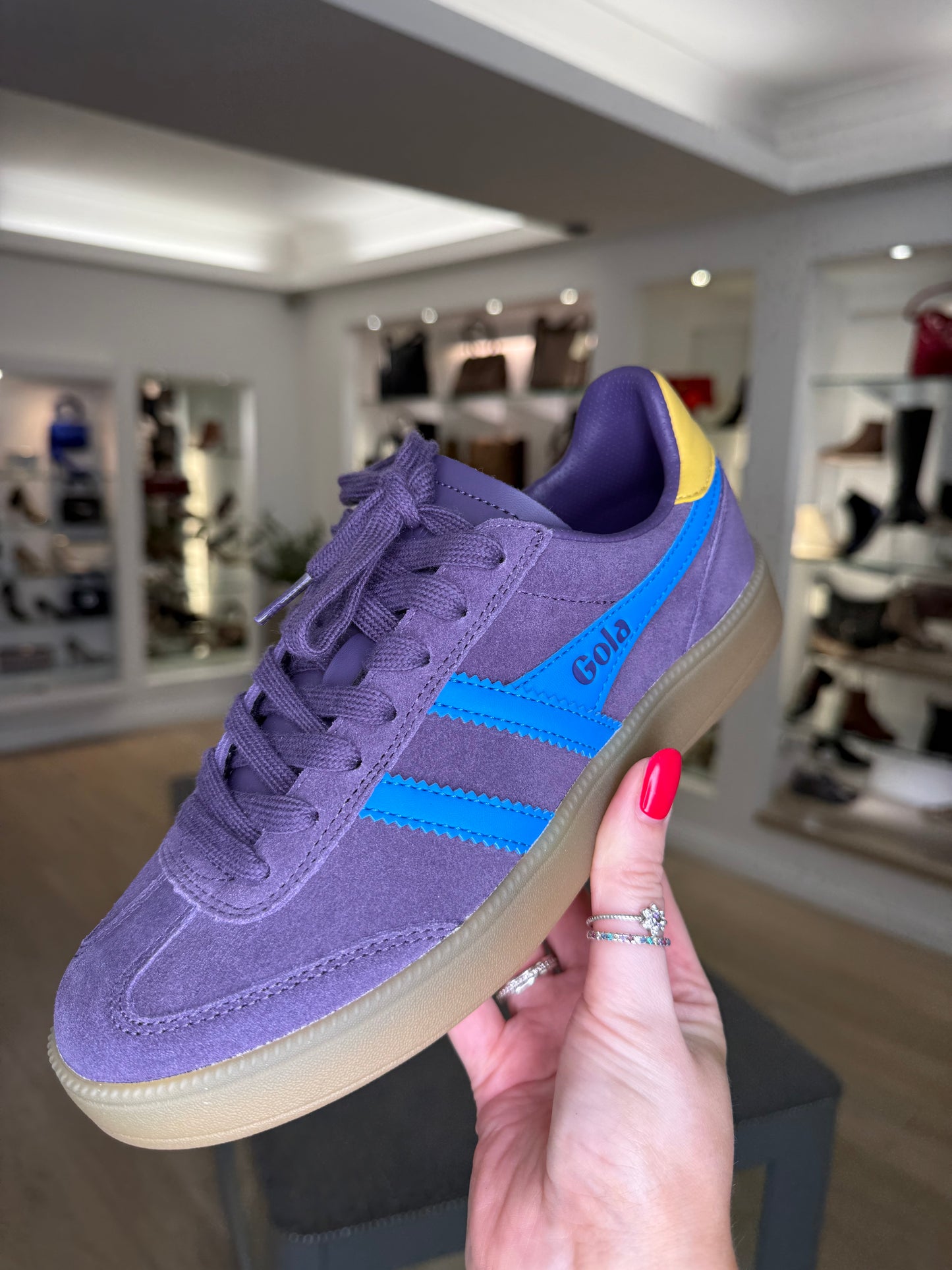 Gola = Viper Plum Suede Trainer With Blue & Mustard Trim