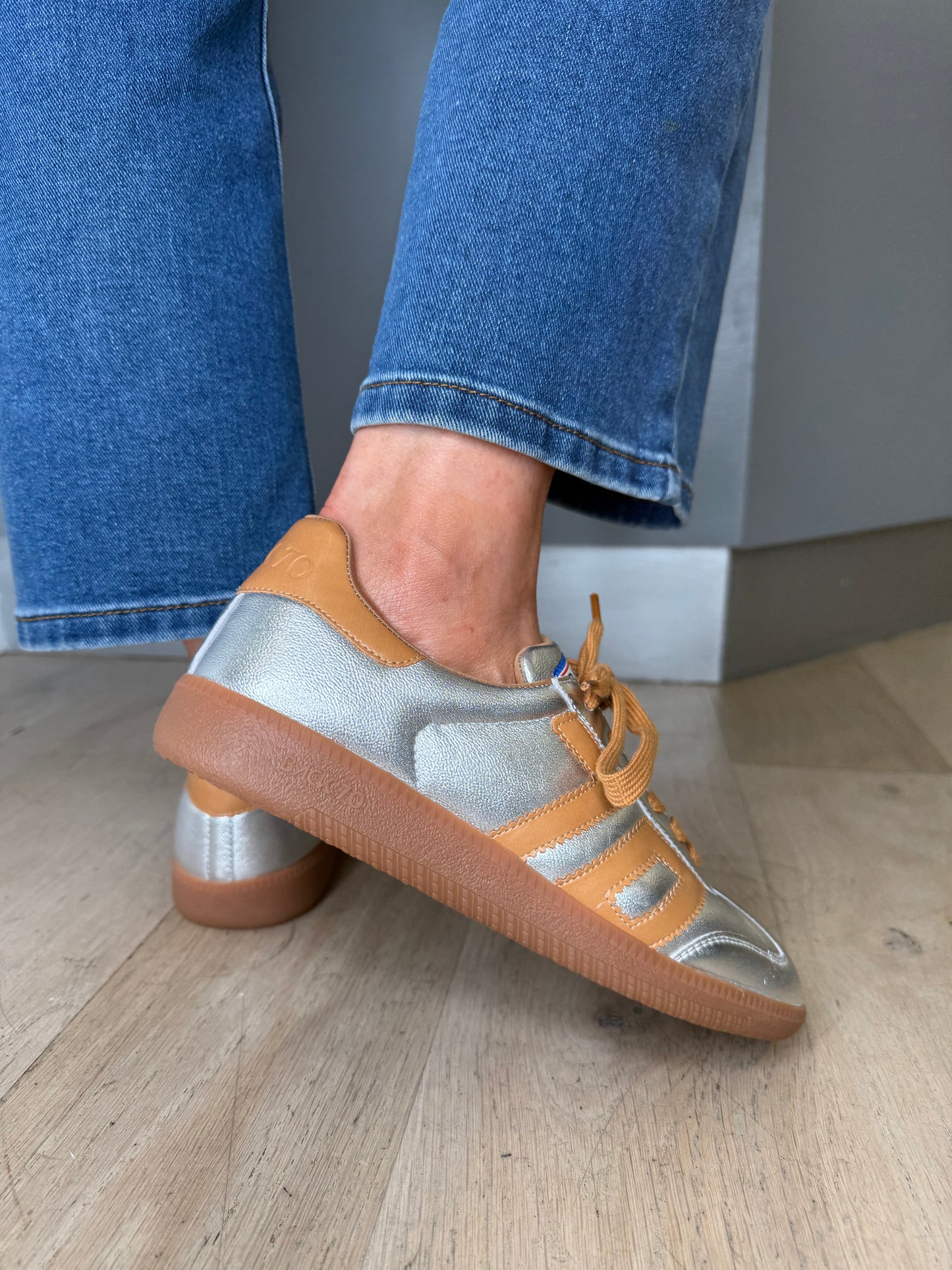Back 70 - Cloud Metallic Silver Trainer With Tan Trim