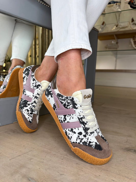 Gola - Elan Dalmation Print Trainer With Brown Suede & Dark Lavender Trim