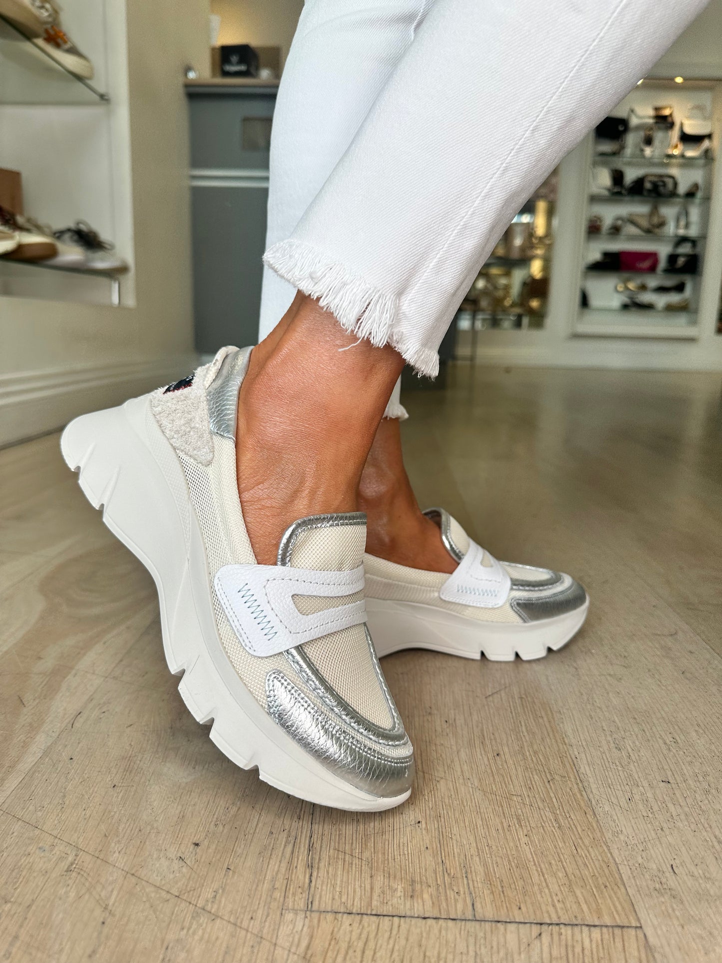 Hispanitas -Cream Mesh/Metallic Silver Slip On Sporty Shoe