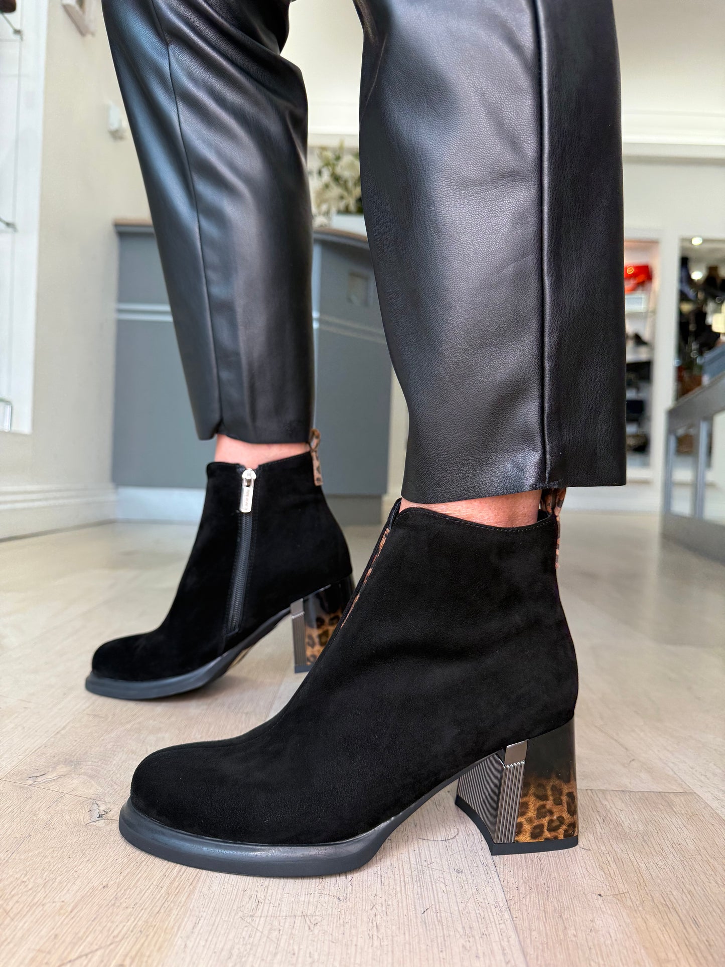 Loretta Vitale - Black Suede Block Heel Boot With Leopard Print Trim