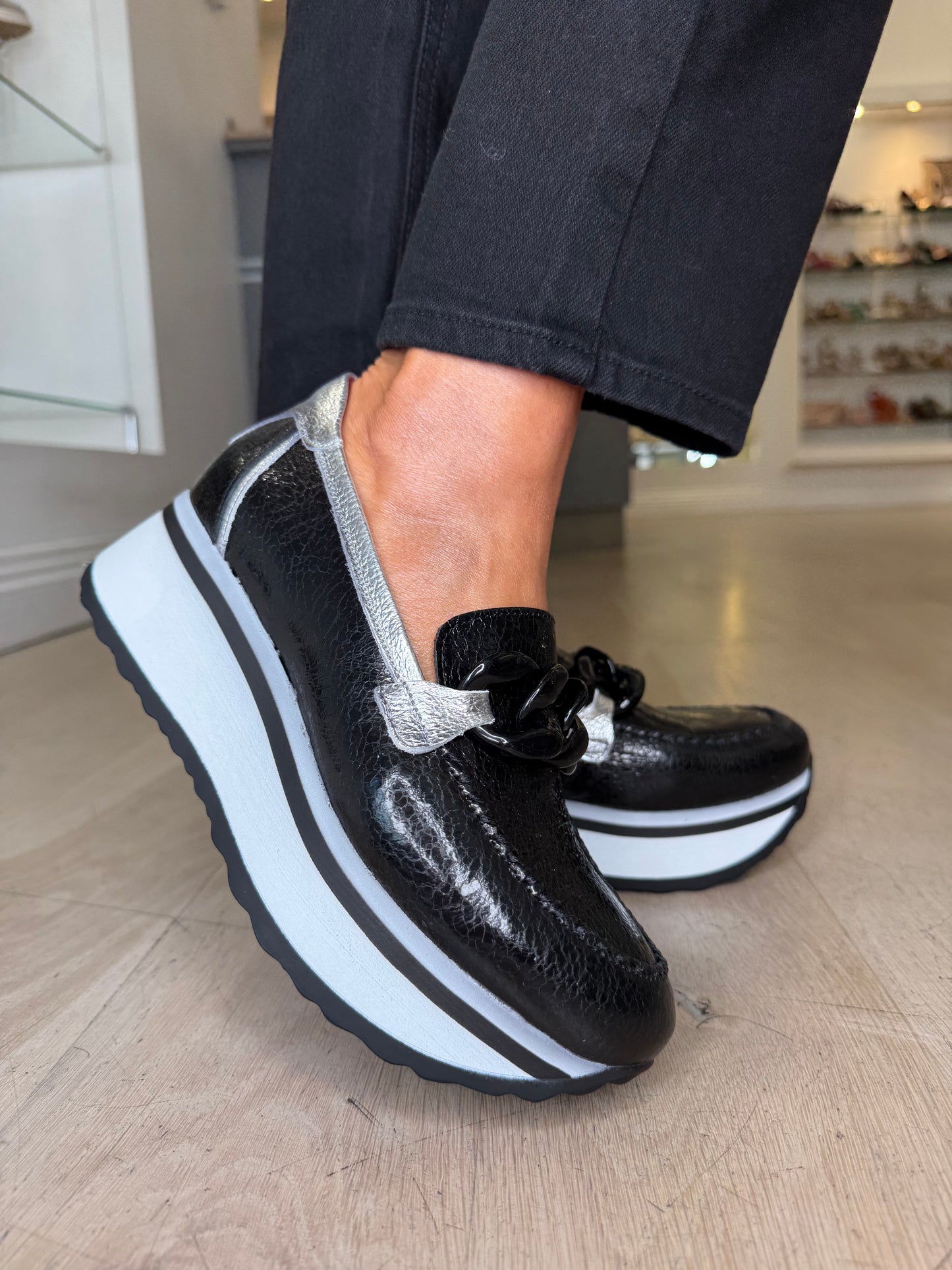 Jose Saenz - Black High Shine Leather Slip On Chunky Sole Shoe