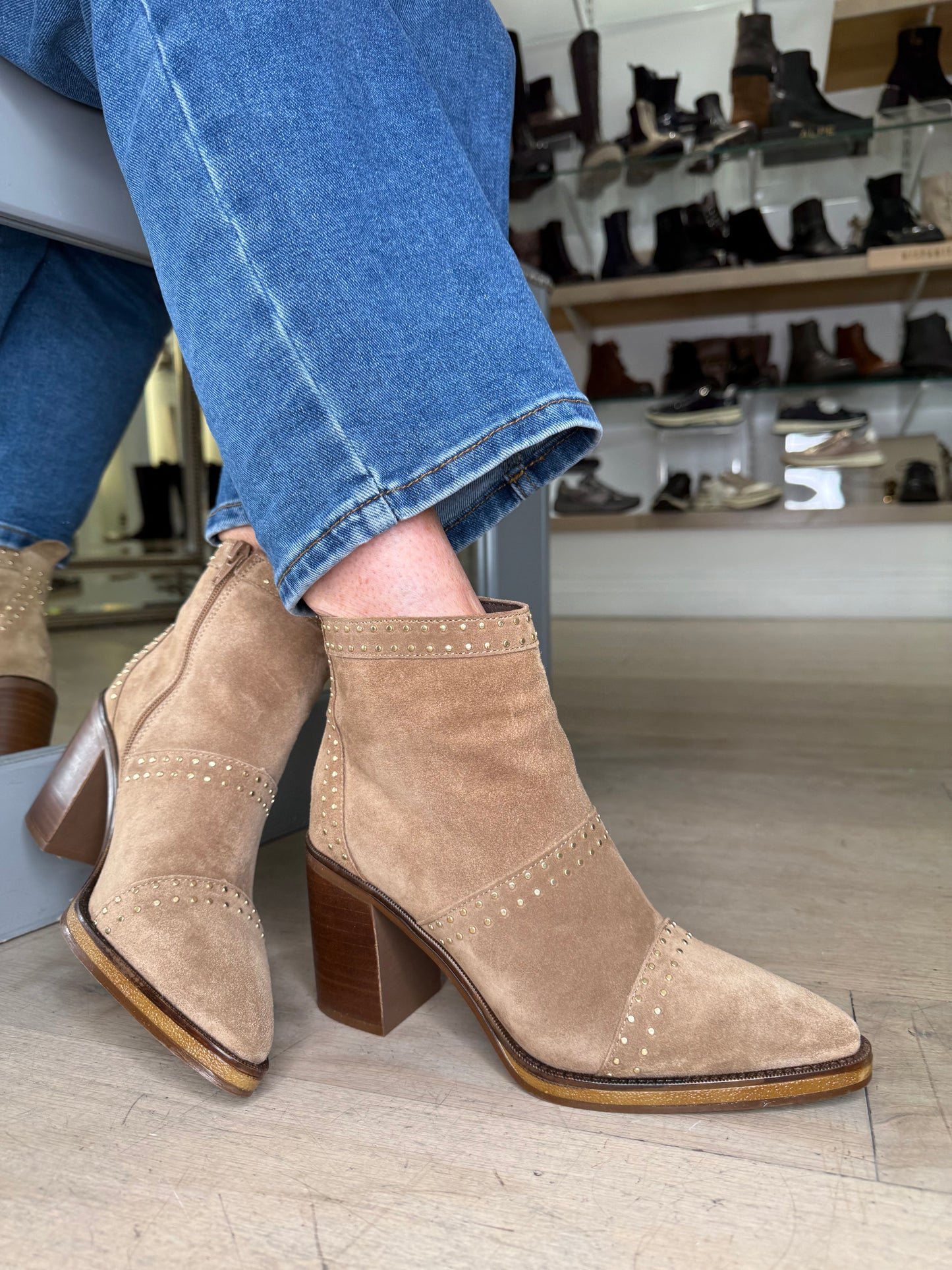 Alpe - Light Brown Suede Boot With Gold Stud Trim & Block Heel