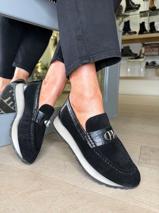 Hispanitas - Black Suede Moccasin Shoe With Black Leather Croc Trim