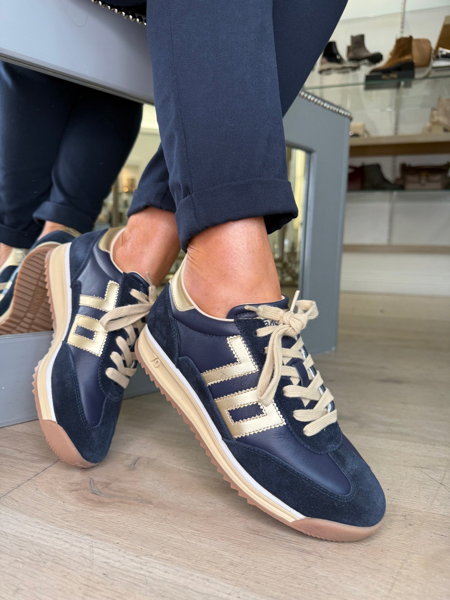 Back 70 - Dark Navy Suede / Leather Trainer with Gold Metallic Trim