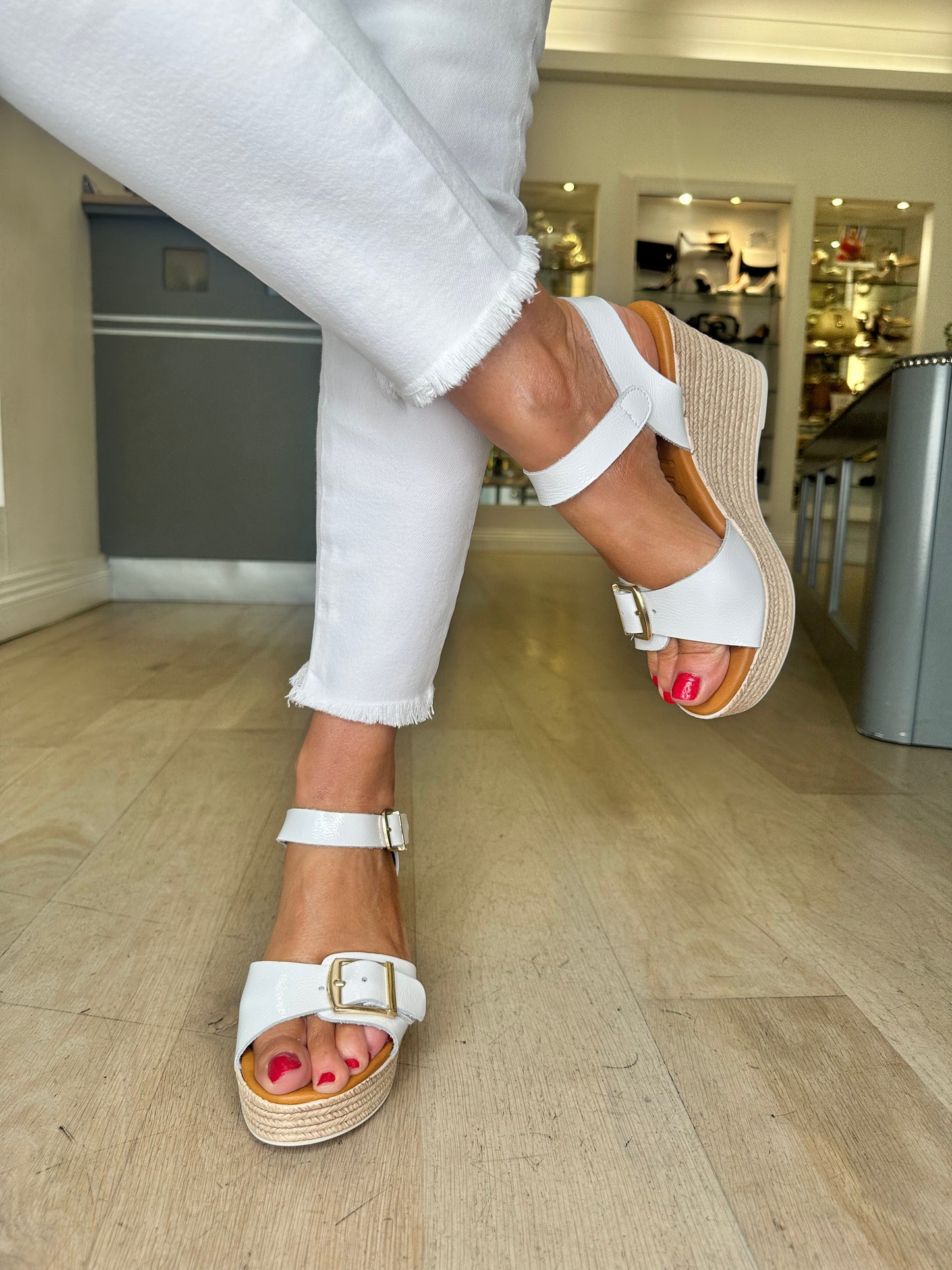 Oh My Sandals - Flexy Patent White Espadrille Wedge