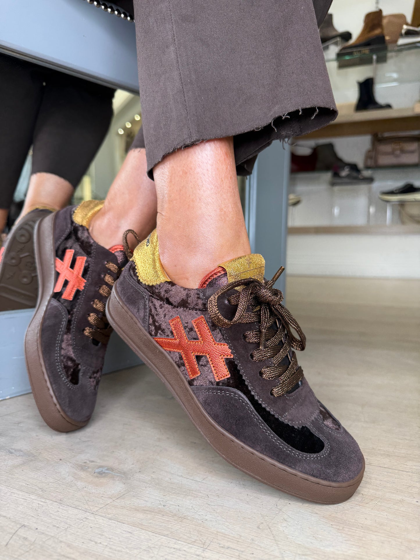 Another Trend - Chocolate Brown Suede/Velvet Trainer With Metallic Orange & Gold Trim