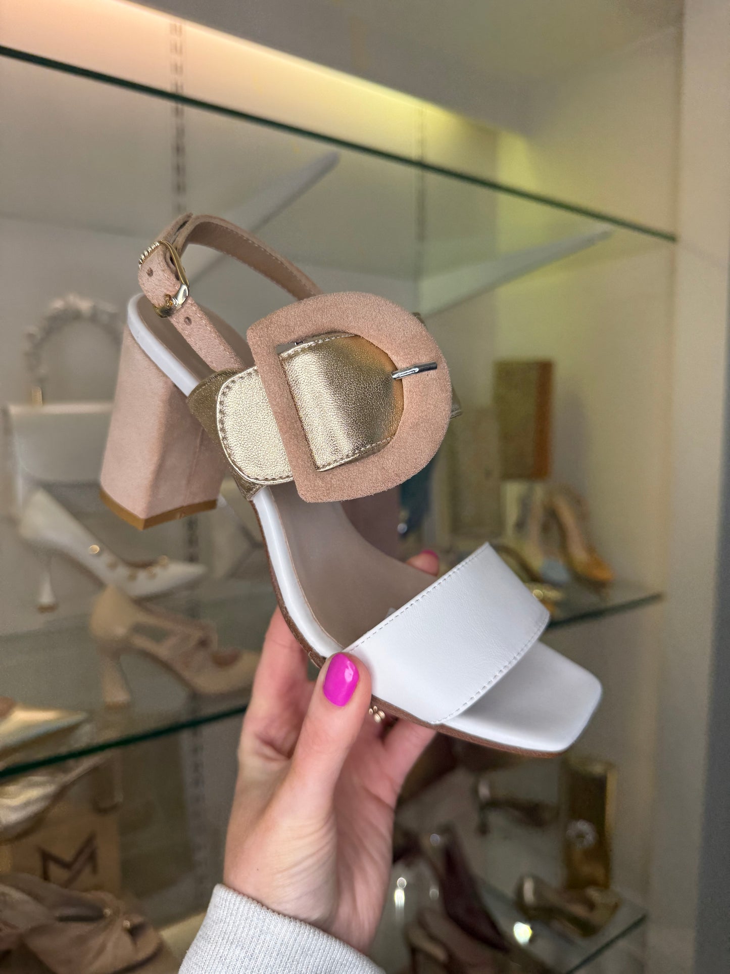 Repo - Soft Gold & White Mix Block Heel Sandal With Buckle Trim