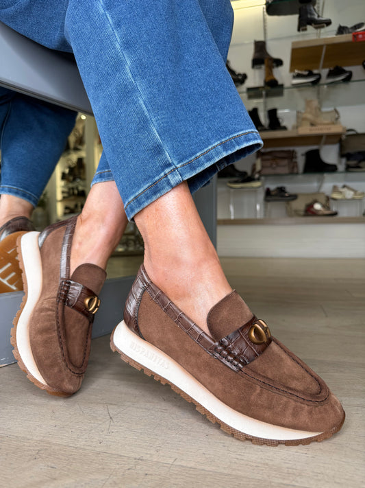 Hispanitas - Soft Brown Suede Moccasin Shoe With Dark Brown Croc Trim