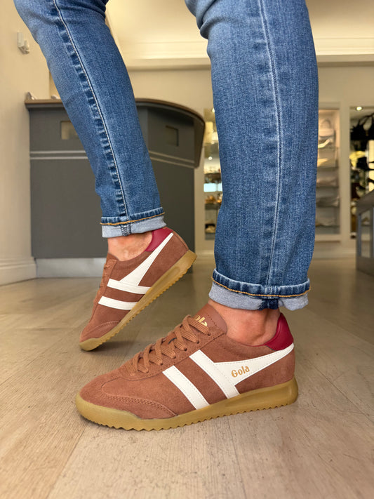 Gola -Torpedo Chestnut Suede Trainer With White & Red Trim
