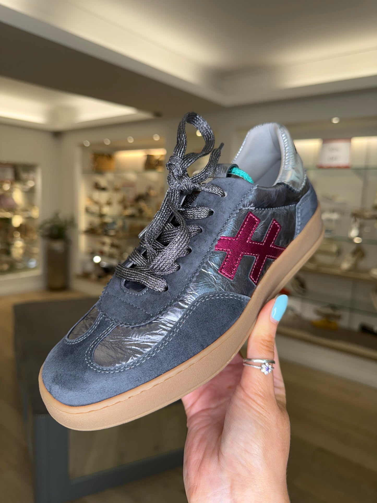 Another Trend - Grey Suede/Metallic Trainer With Pink and Turquoise Trim