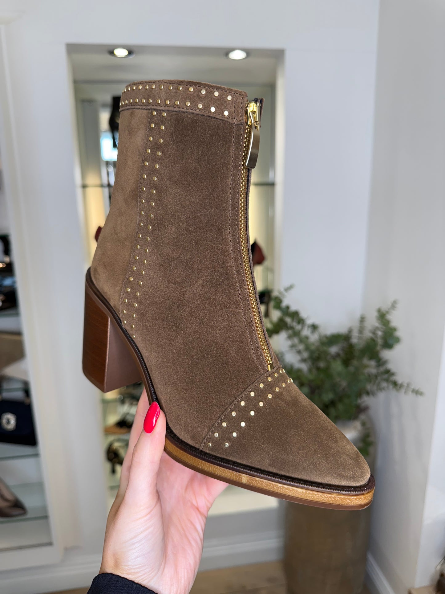 Alpe - Tobacco Suede Zip Up Pointy Toe Boot With Block Heel & Gold Stud Trim