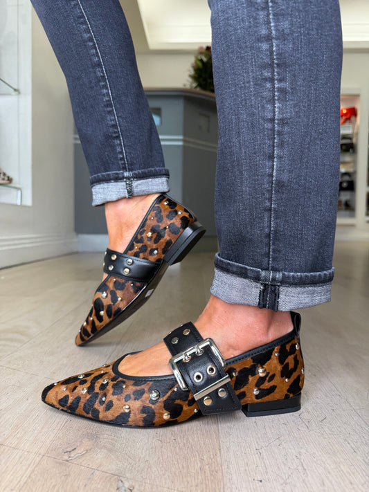 Lodi - Leopard Print Pointy Toe Pomps With Studded Trim