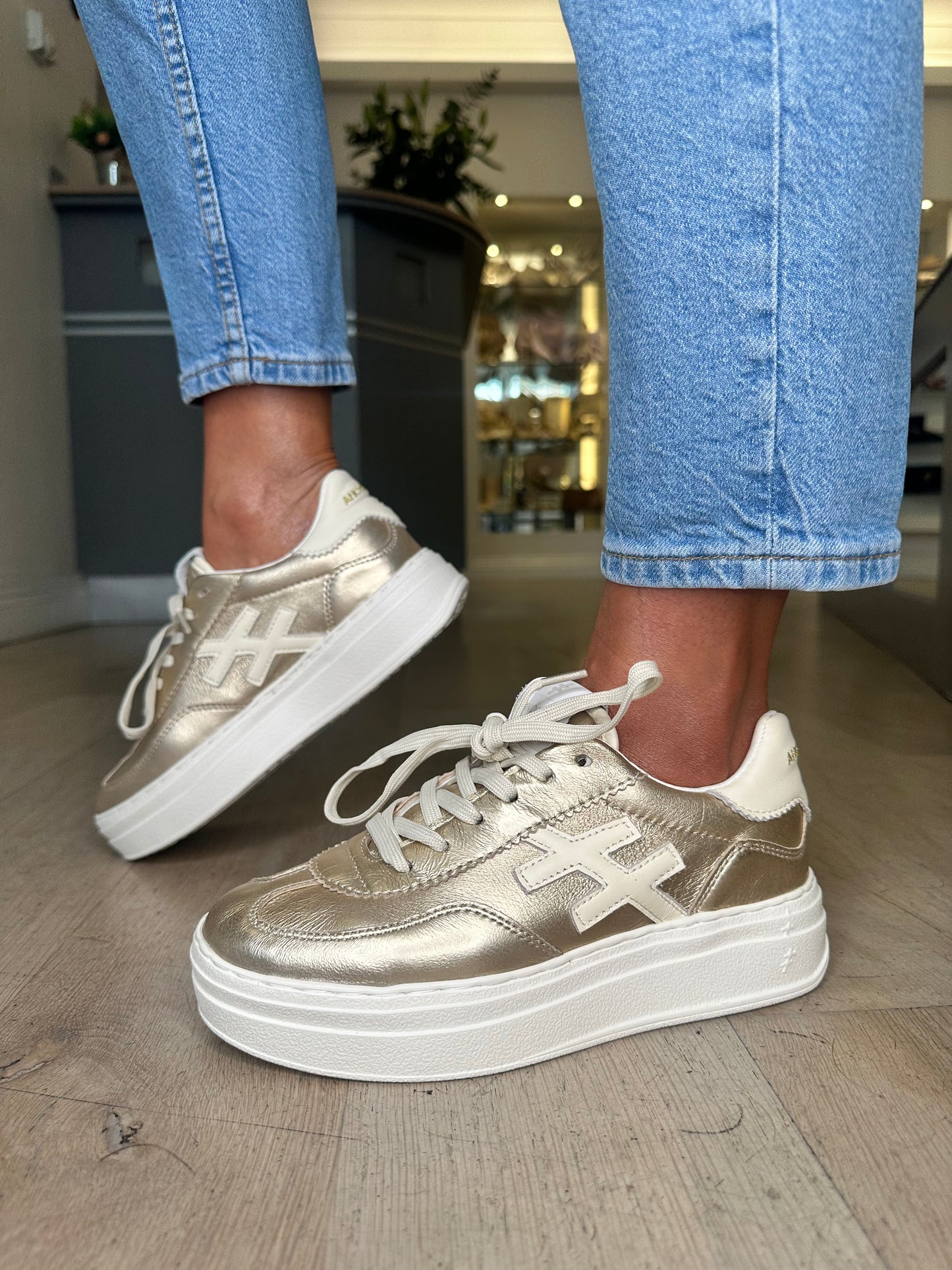 Another Trend - Soft Metallic Gold With Cream Trim & White Sole Platform Trainer