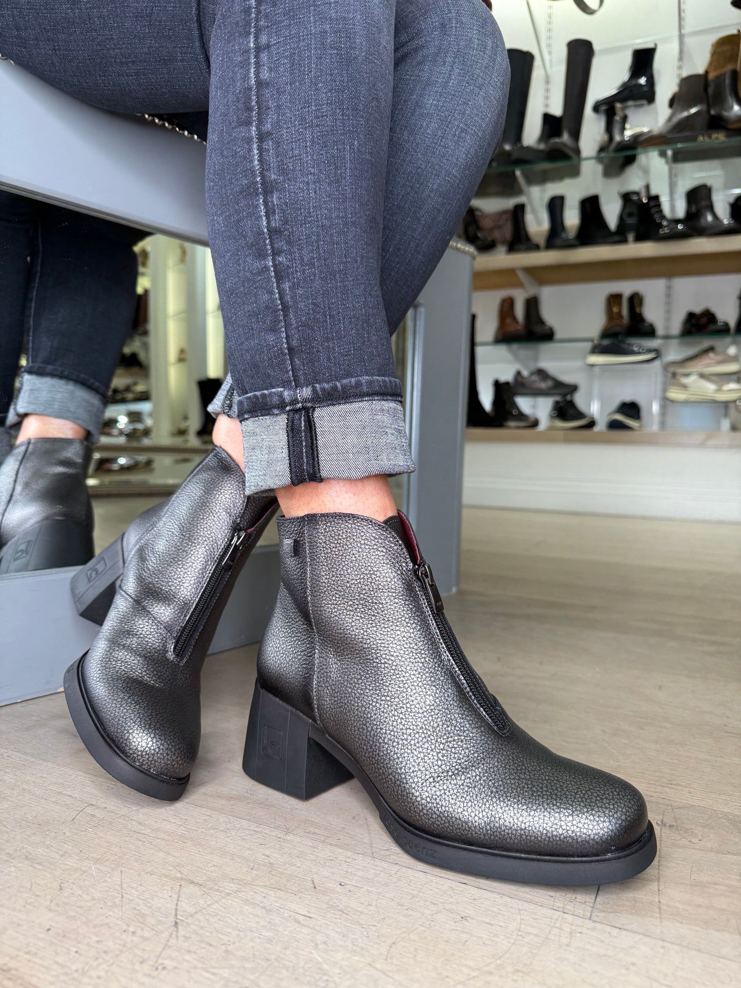 Jose Saenz - Pewter Leather Block Heel Zip Up Boot