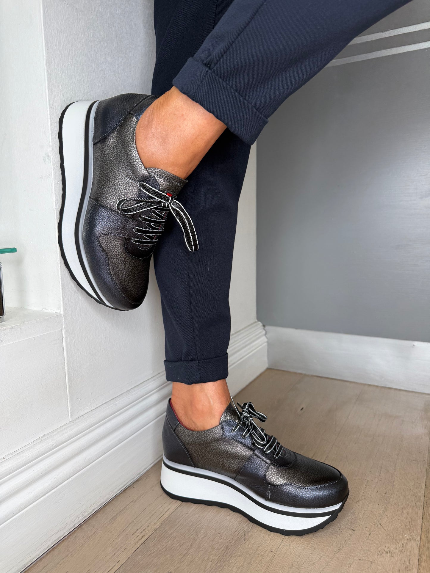 Jose Saenz - Metallic Dark Navy/Pewter Lace Up White Chunky Sole Shoe