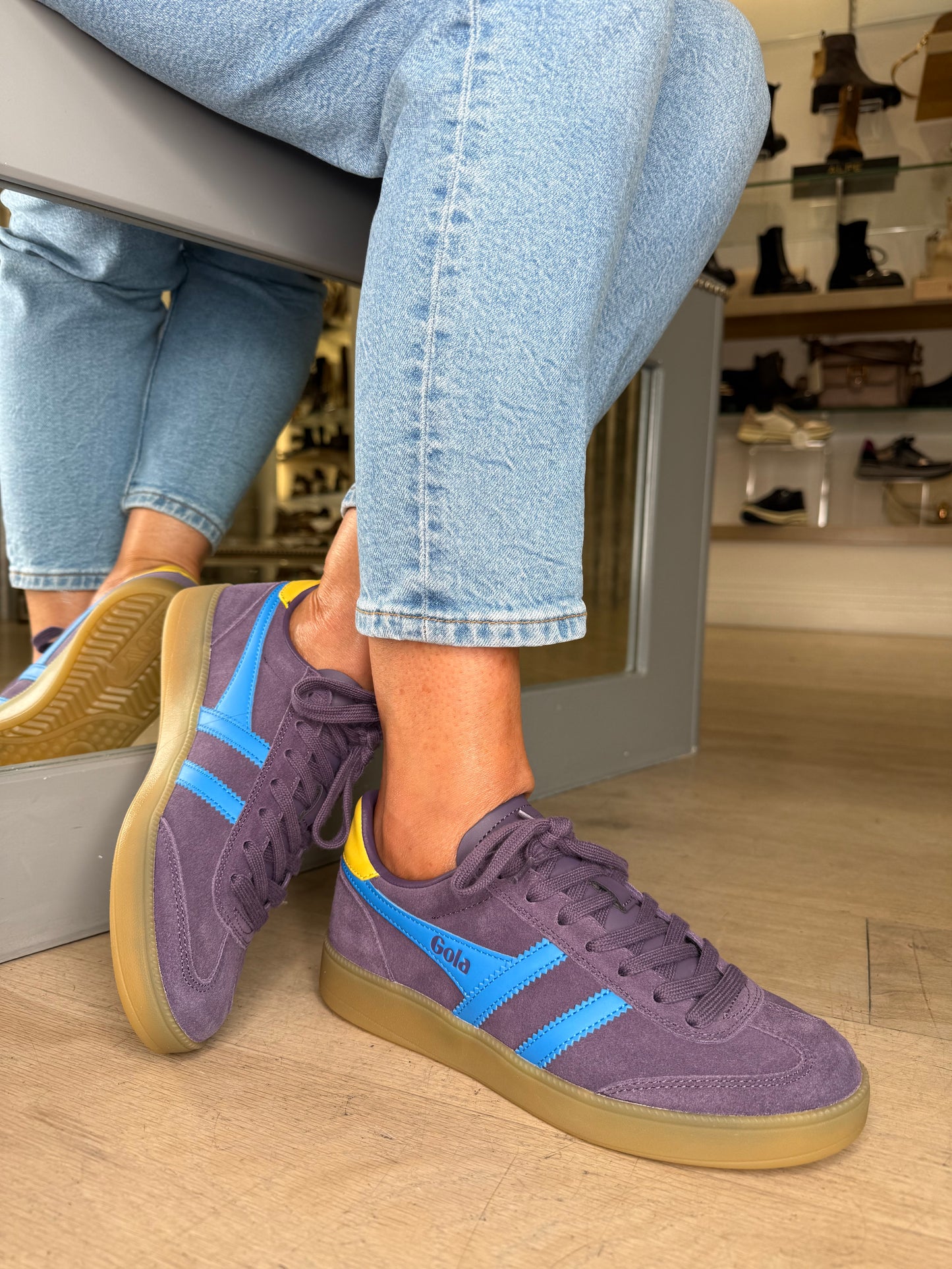 Gola = Viper Plum Suede Trainer With Blue & Mustard Trim