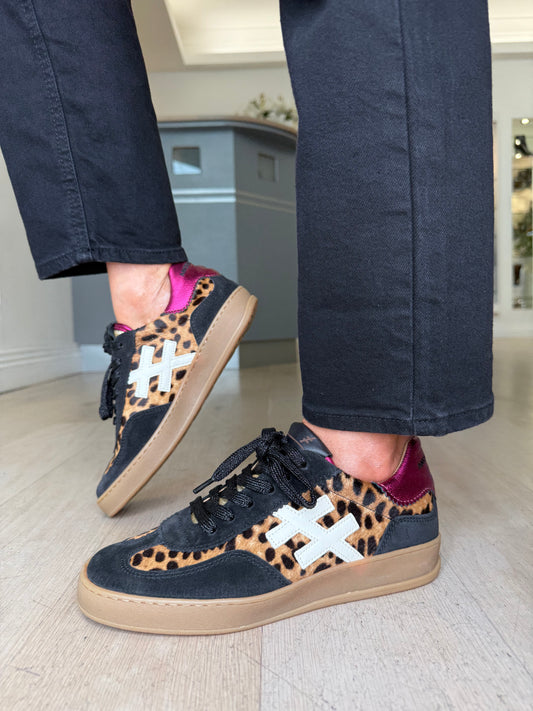 Another Trend - Black Suede/ Leopard Print Trainer With White Leather & Deep Metallic Pink Trim