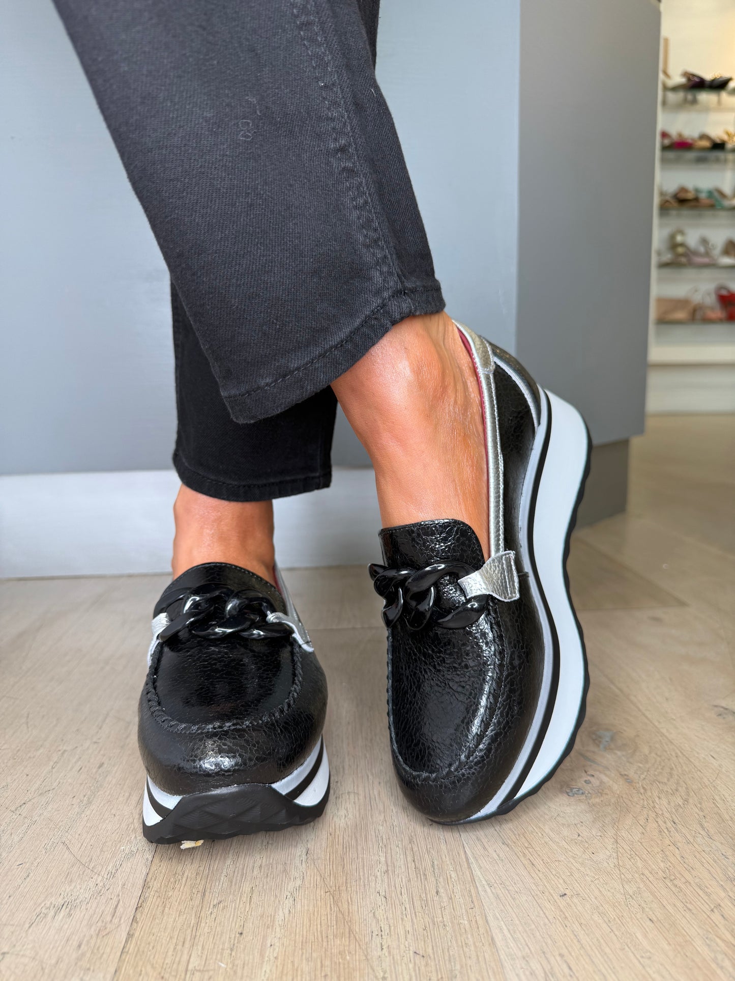 Jose Saenz - Black High Shine Leather Slip On Chunky Sole Shoe