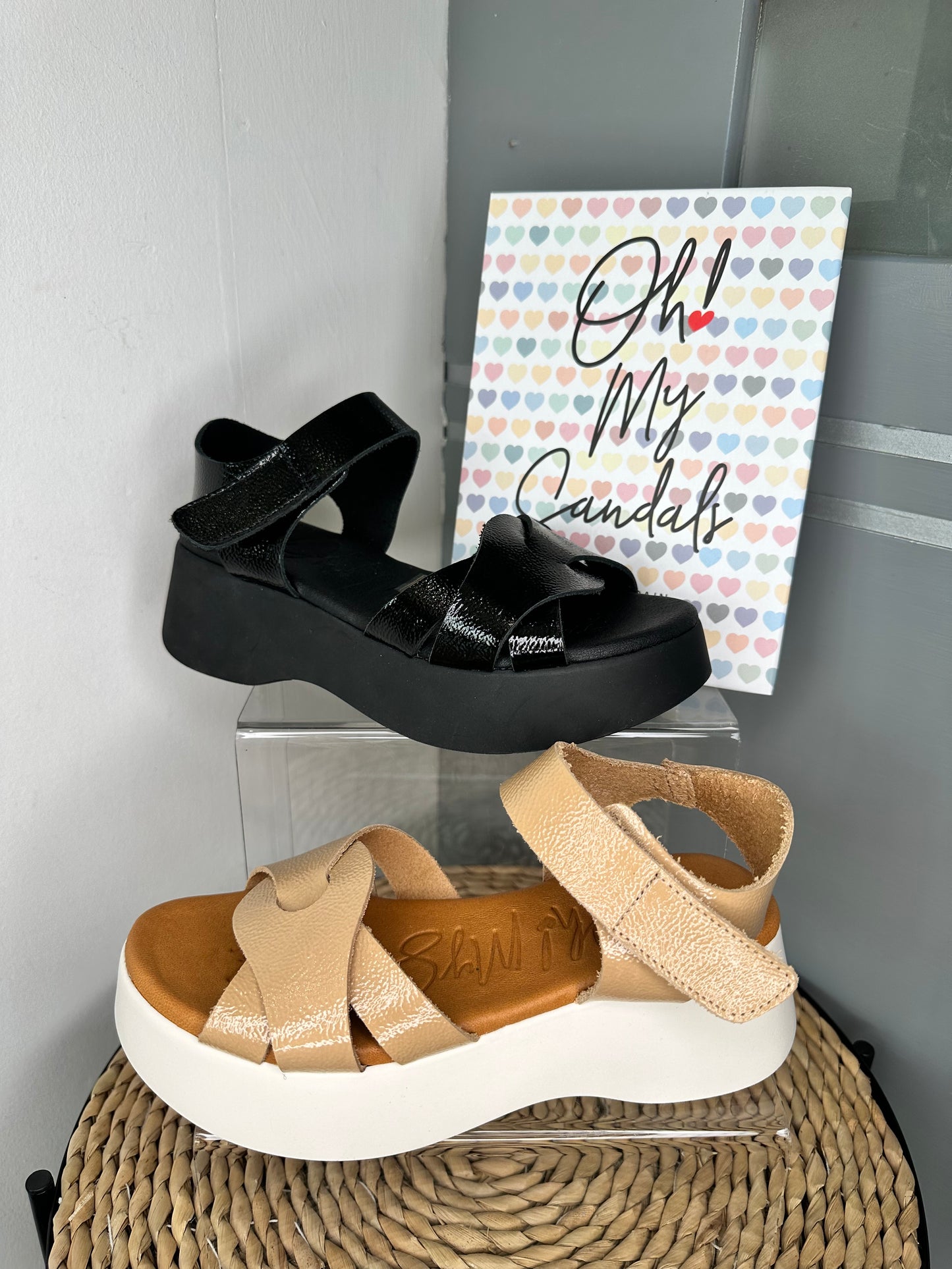 Oh My Sandals - Flexy Beige Patent Velcro Strap Wedge Sandal