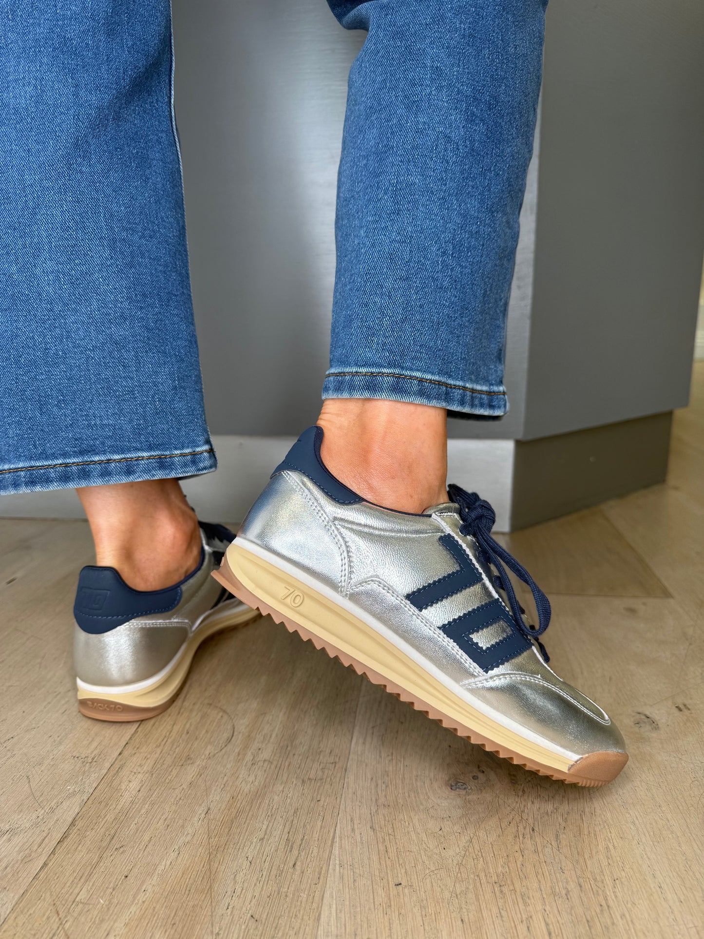 Back 70 - Metallic Silver Trainer With Navy Trim