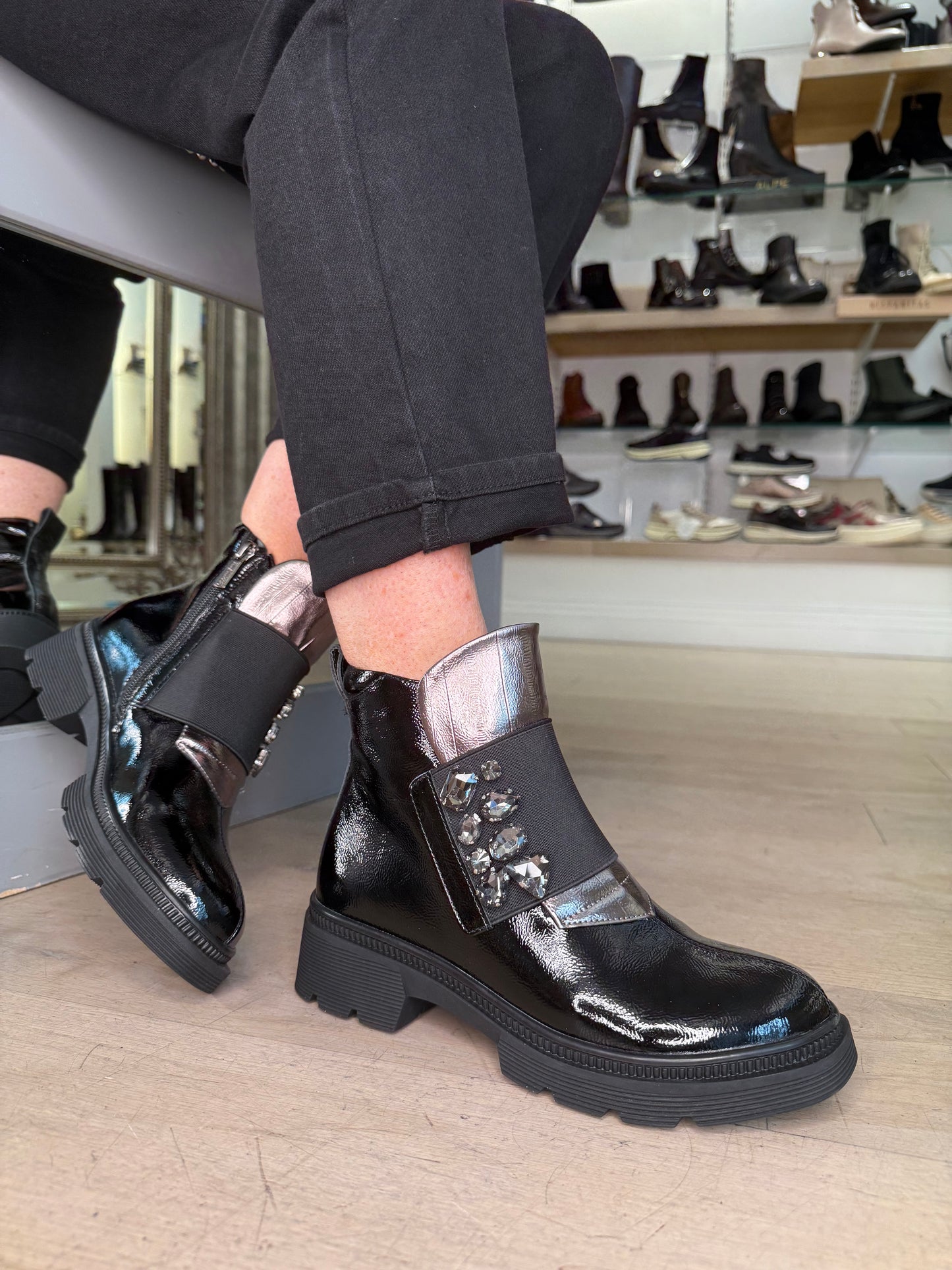 Loretta Vitale - Black Flexy Patent Biker Boot Style With Stone Detail