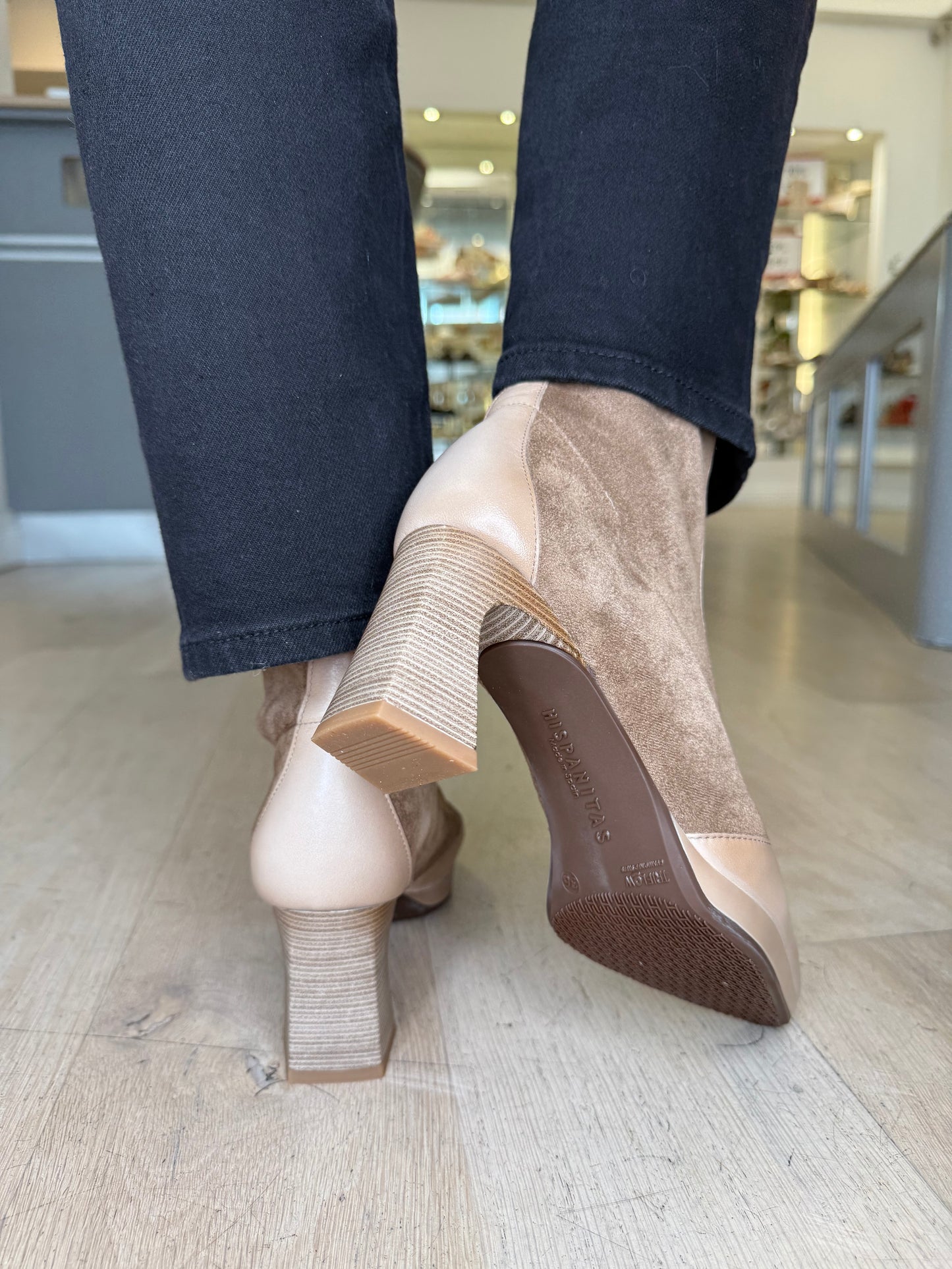 Hispanitas - Taupe Suede/Leather Mix Pointy Toe Boot With Stacked Heel