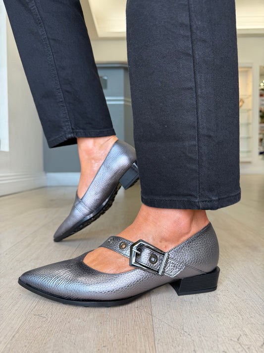 Hispanitas - Metallic Grey Leather Pointy Toe Shoe With Strap Detail & Buckle Trim