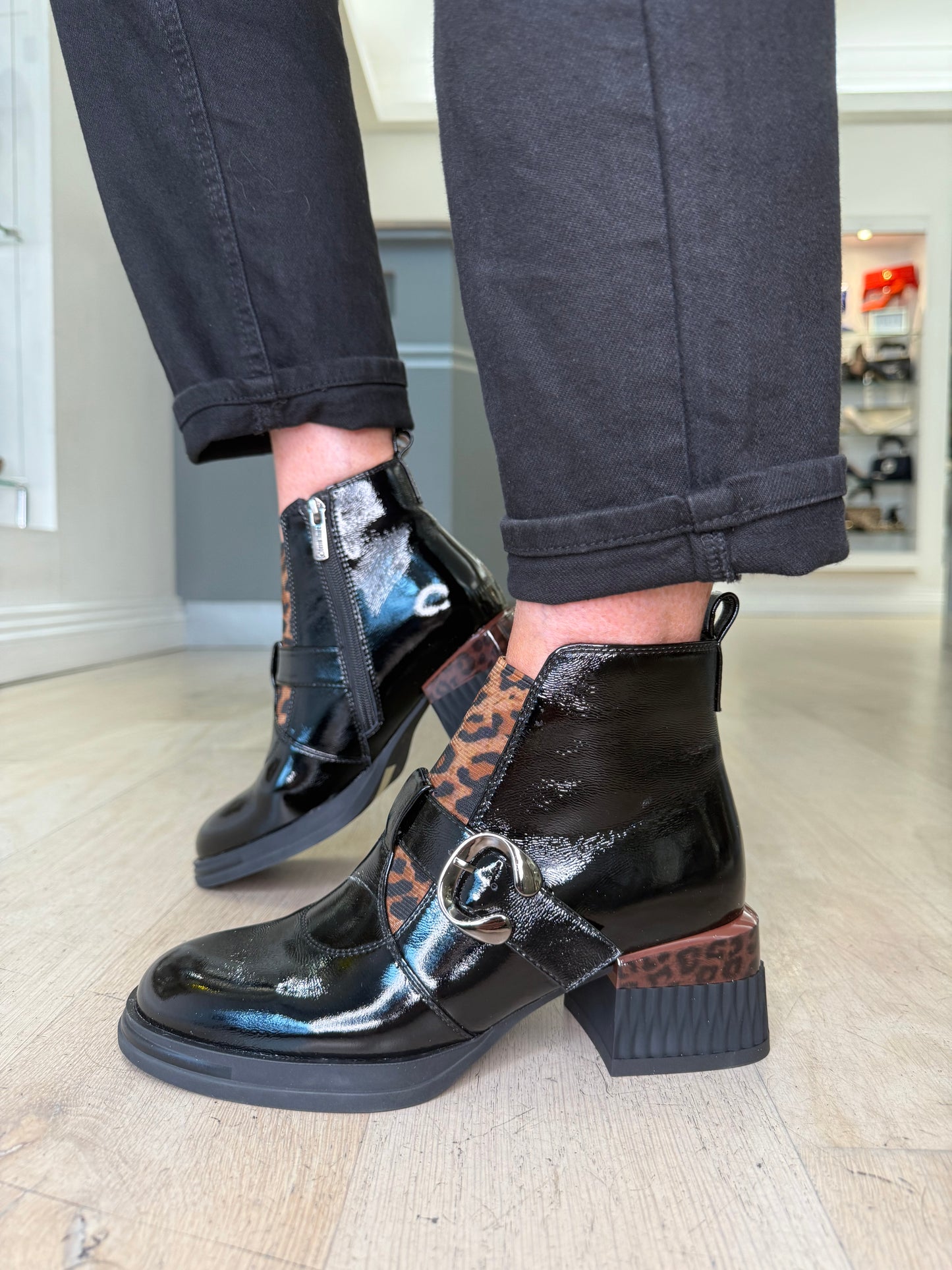 Loretta Vitale - Black Flexy Patent Boot With Leopard Print Trim & Block Heel