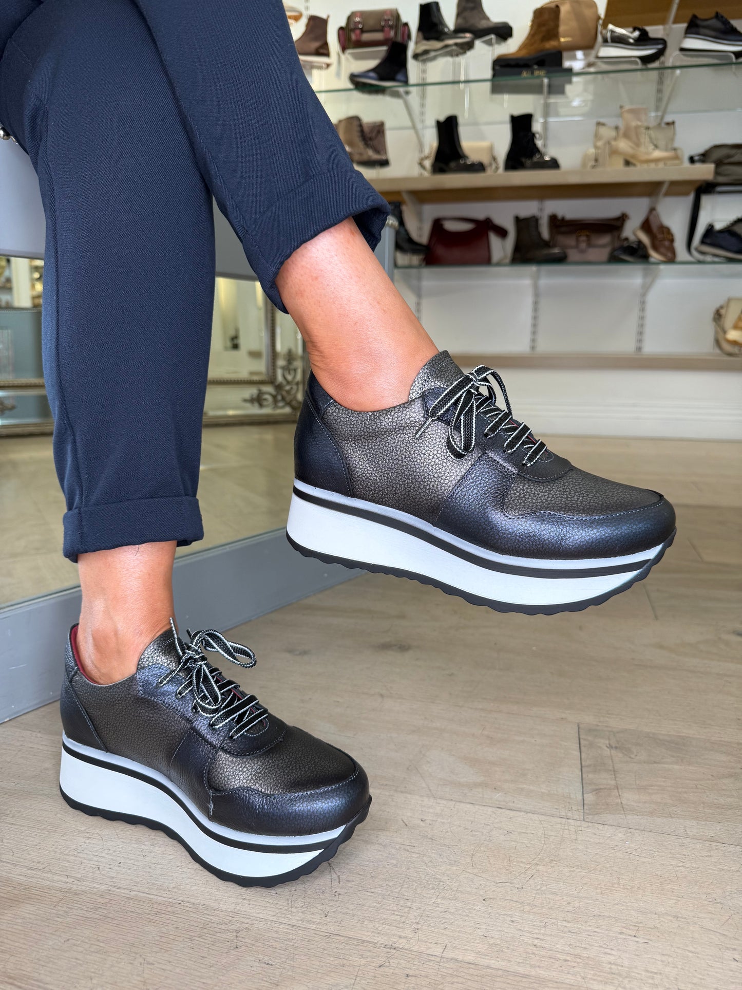 Jose Saenz - Metallic Dark Navy/Pewter Lace Up White Chunky Sole Shoe
